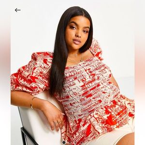 River Island Plus shirred puff sleeve print blouse in red